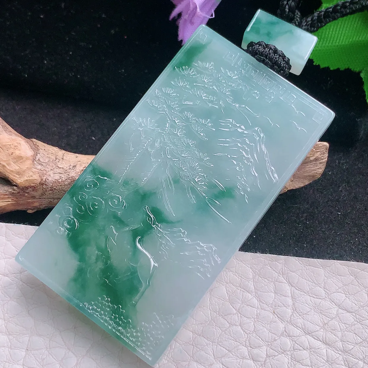 yl实拍56.5*31.2*5.6缅甸翡翠冰飘花方形山水牌 大好河山玉项坠 玉挂件