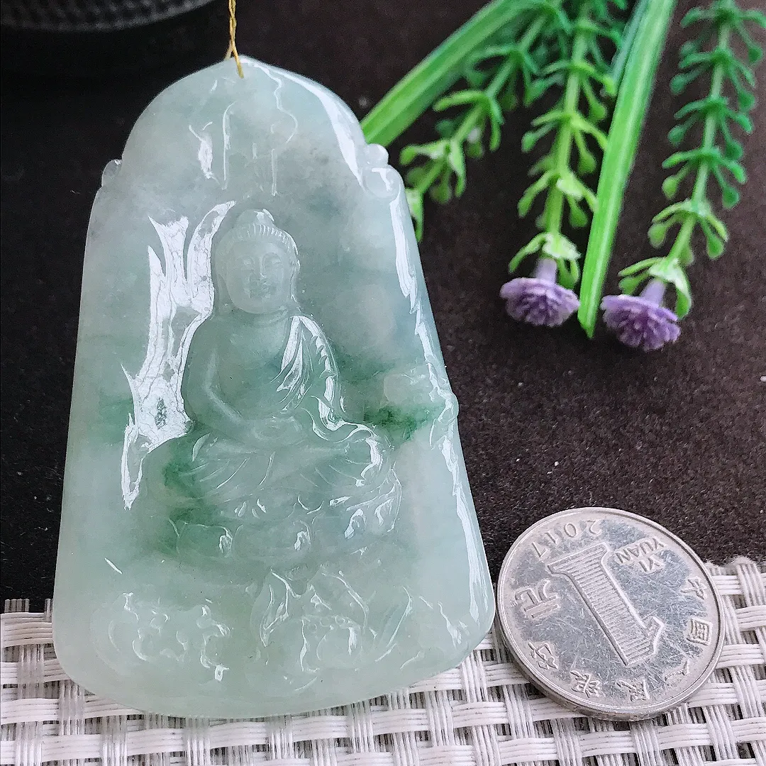 实拍A货翡翠69/44.5/6.6老坑冰润起胶飘花大日如来佛吊坠翡翠挂件