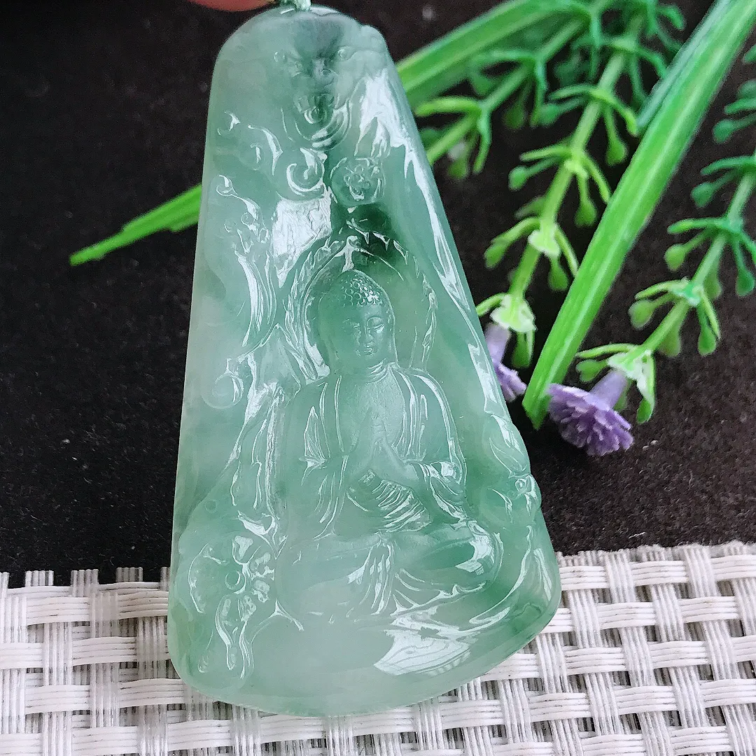 实拍A货翡翠64/36.6/5.6老坑冰胶水灵冰飘花大日如来佛祖吊坠翡翠挂件