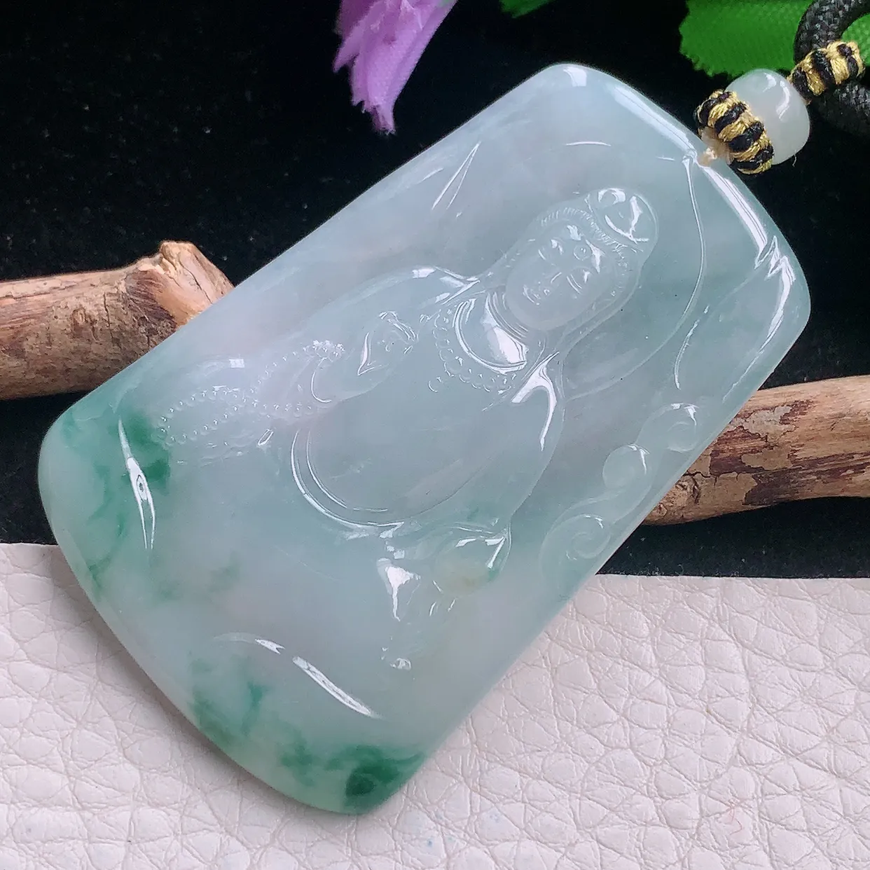 yl实拍60*39.6*5.5缅甸翡翠冰飘花素面观音 玉观音玉项坠 玉挂件