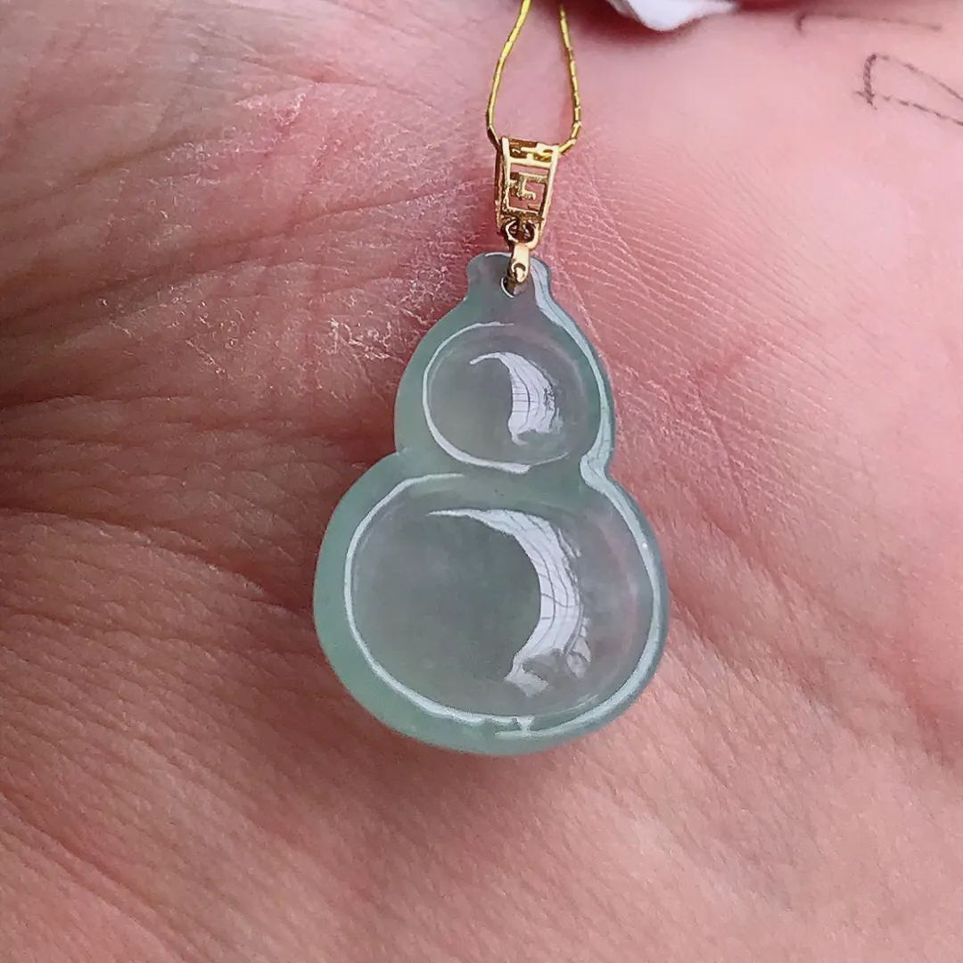 实拍A货翡翠21.2/15/4.8老坑18k金镶嵌冰种冰晴葫芦吊坠翡翠挂件