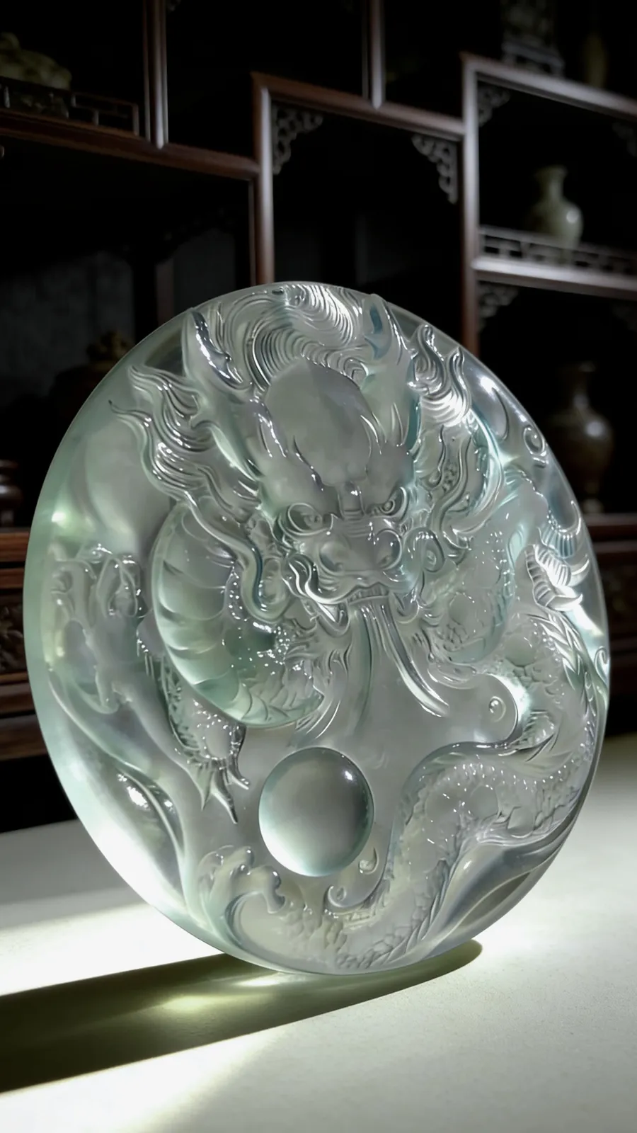 【神龙护主·盛世龙腾】，翡翠龙牌质地如冰。
清潭般，内似有云雾流转，浮雕神龙盘踞其中，气势磅礴，威武霸气，在光影的变幻下，龙身若隐若现。
作品52.5-52.5-6mm，32.58g，五位数