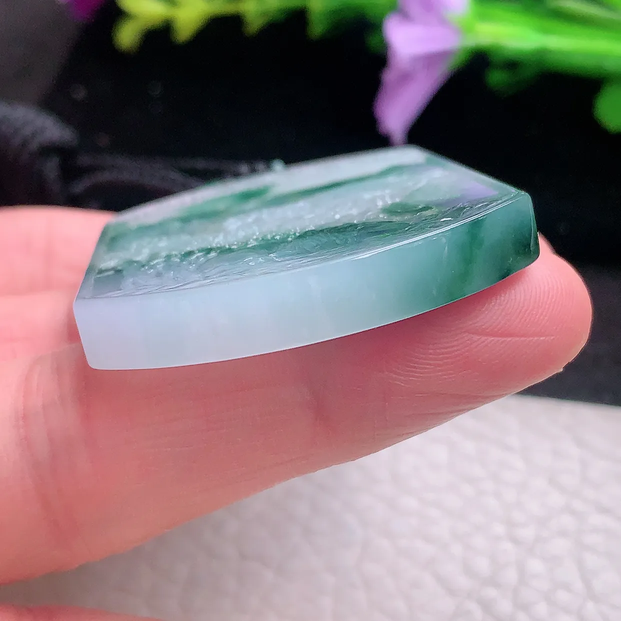 yl实拍51.5*27.8*5.8缅甸翡翠冰飘花山水牌 大好河山玉项坠 玉挂件