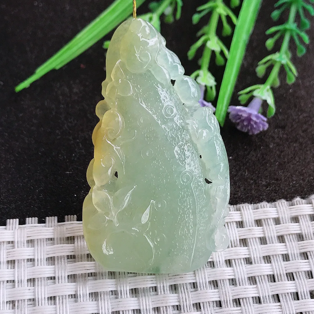 实拍A货翡翠52.2/30.3/6.2老坑冰胶水灵黄翡竹节吊坠翡翠挂件