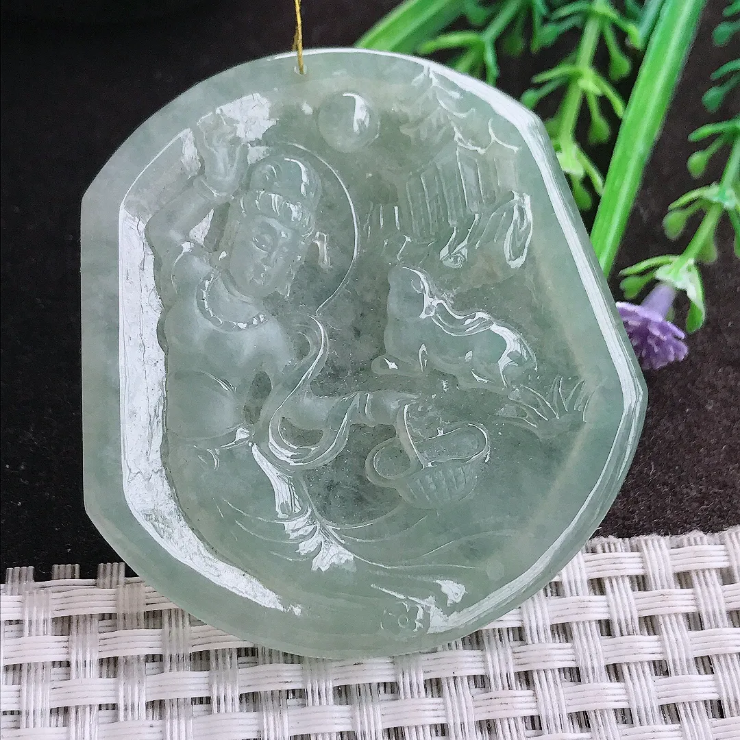 实拍A货翡翠55/51.8/6老坑冰胶果冻冰晴嫦娥仙子吊坠翡翠挂件