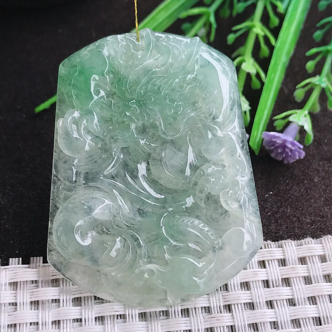 实拍A货翡翠53.7/42/5.5老坑冰透果冻胶冰晴龙牌吊坠翡翠挂件