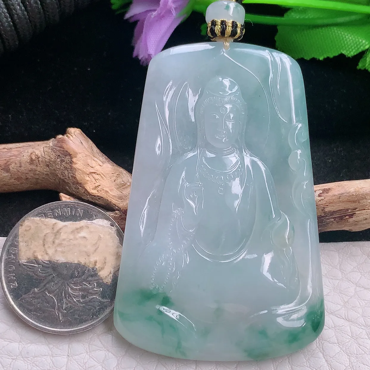 yl实拍60*39.6*5.5缅甸翡翠冰飘花素面观音 玉观音玉项坠 玉挂件