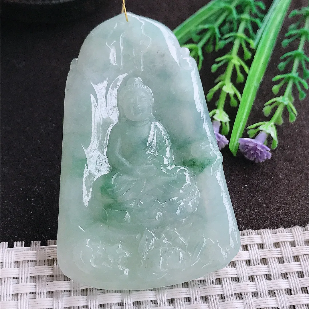 实拍A货翡翠69/44.5/6.6老坑冰润起胶飘花大日如来佛吊坠翡翠挂件