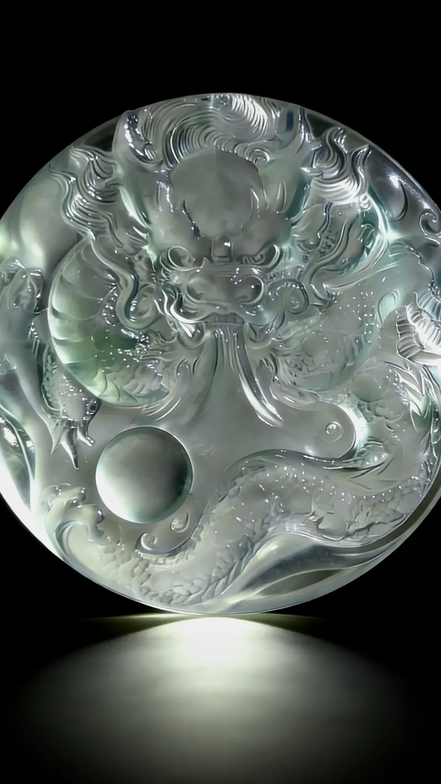 【神龙护主·盛世龙腾】，翡翠龙牌质地如冰。
清潭般，内似有云雾流转，浮雕神龙盘踞其中，气势磅礴，威武霸气，在光影的变幻下，龙身若隐若现。
作品52.5-52.5-6mm，32.58g，五位数