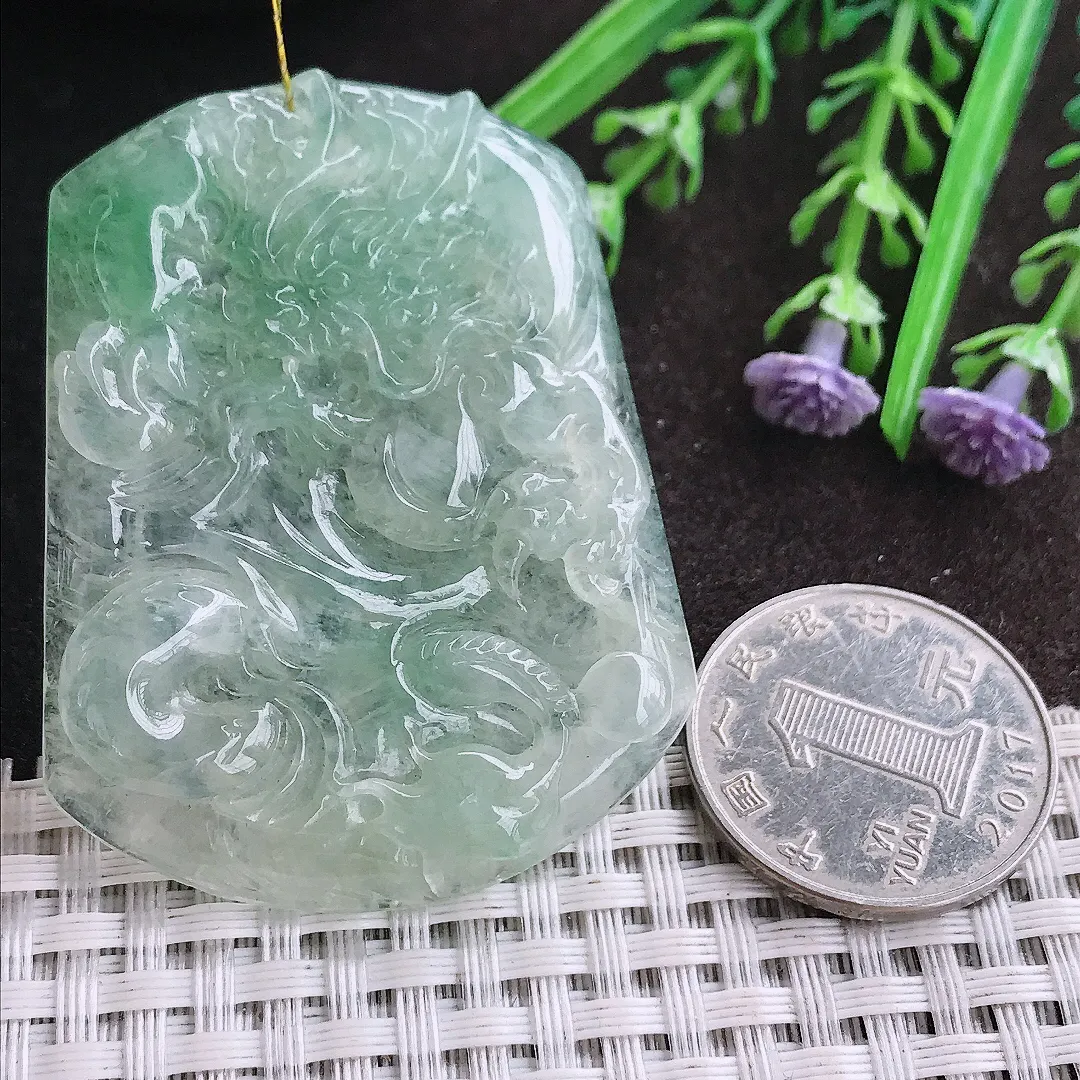 实拍A货翡翠53.7/42/5.5老坑冰透果冻胶冰晴龙牌吊坠翡翠挂件