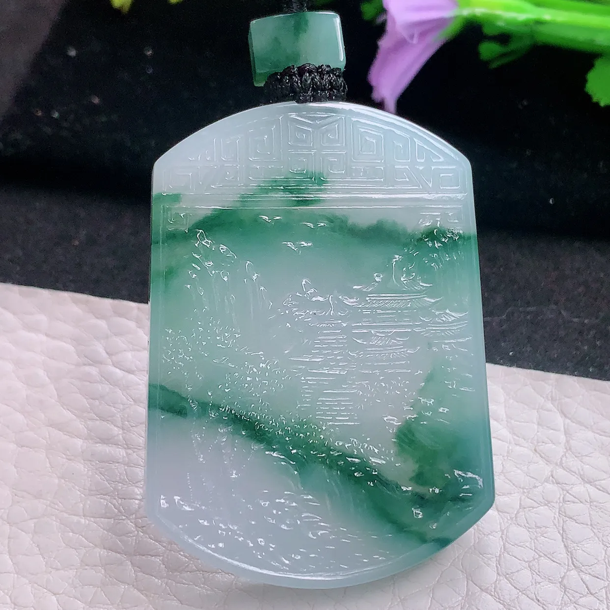 yl实拍51.5*27.8*5.8缅甸翡翠冰飘花山水牌 大好河山玉项坠 玉挂件