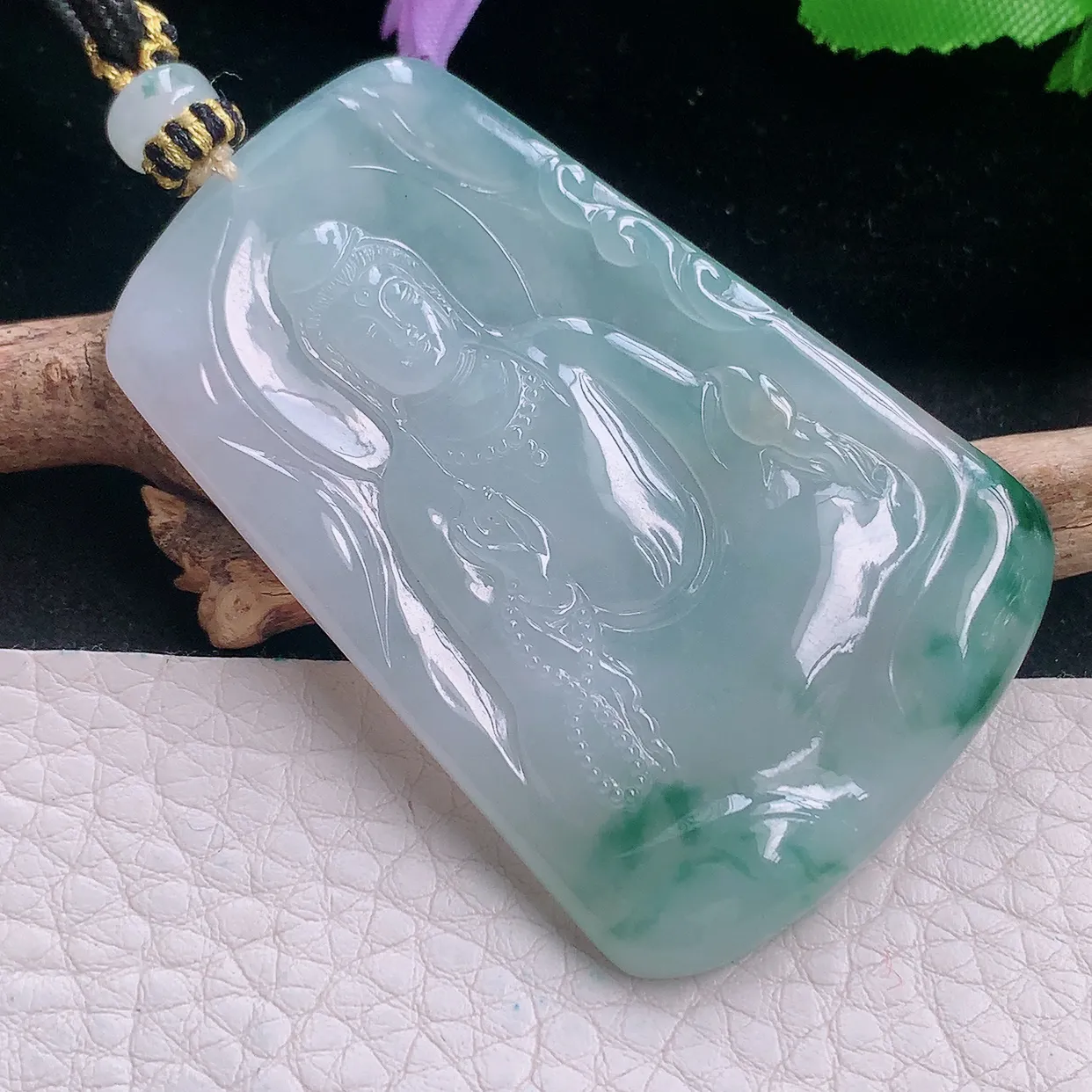 yl实拍60*39.6*5.5缅甸翡翠冰飘花素面观音 玉观音玉项坠 玉挂件