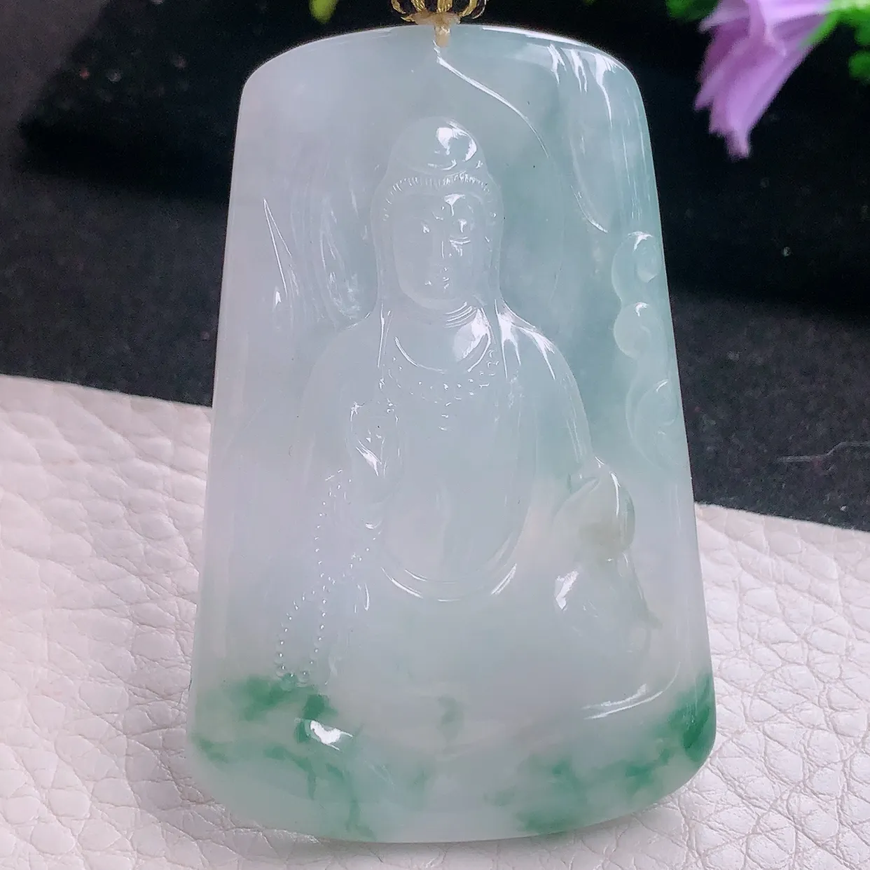 yl实拍60*39.6*5.5缅甸翡翠冰飘花素面观音 玉观音玉项坠 玉挂件
