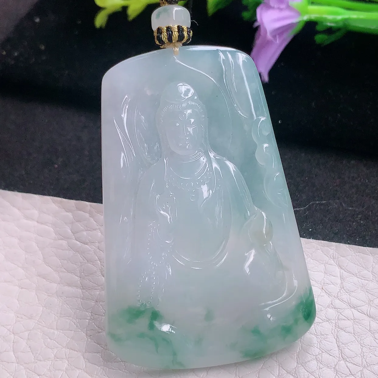 yl实拍60*39.6*5.5缅甸翡翠冰飘花素面观音 玉观音玉项坠 玉挂件