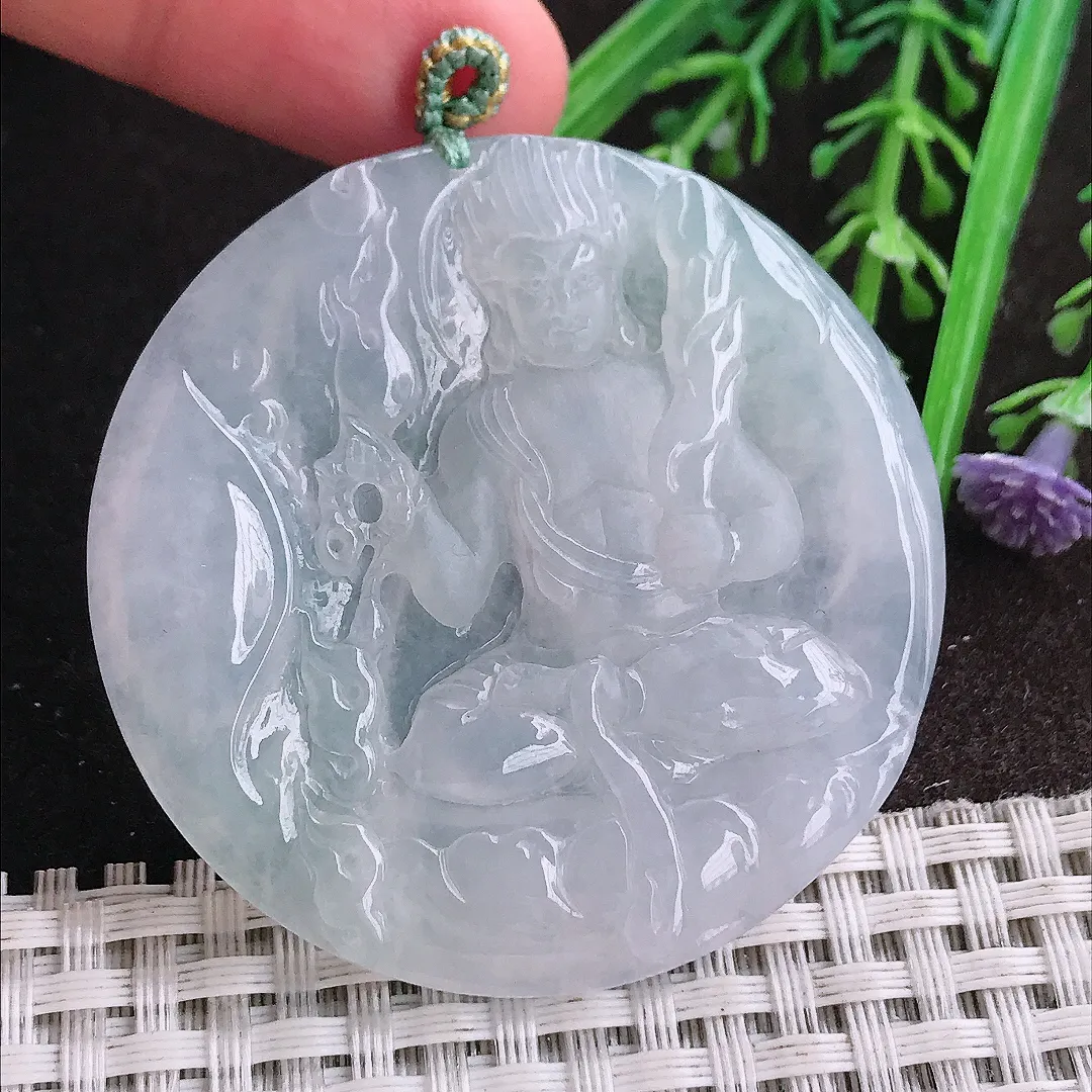 实拍A货翡翠51/5.2老坑冰透果冻胶不动明王吊坠翡翠挂件