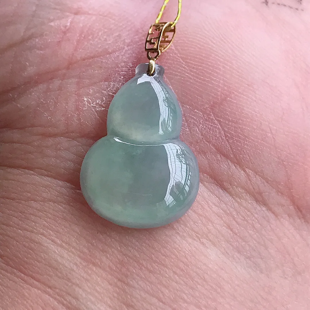 实拍A货翡翠21.2/15/4.8老坑18k金镶嵌冰种冰晴葫芦吊坠翡翠挂件