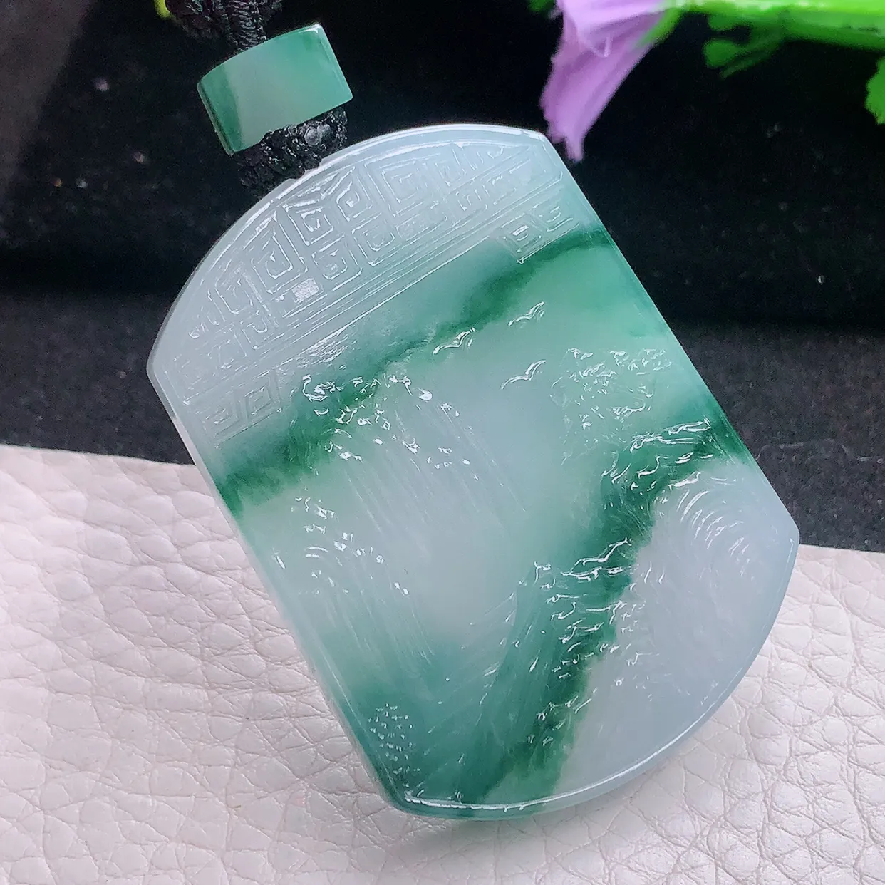 yl实拍51.5*27.8*5.8缅甸翡翠冰飘花山水牌 大好河山玉项坠 玉挂件