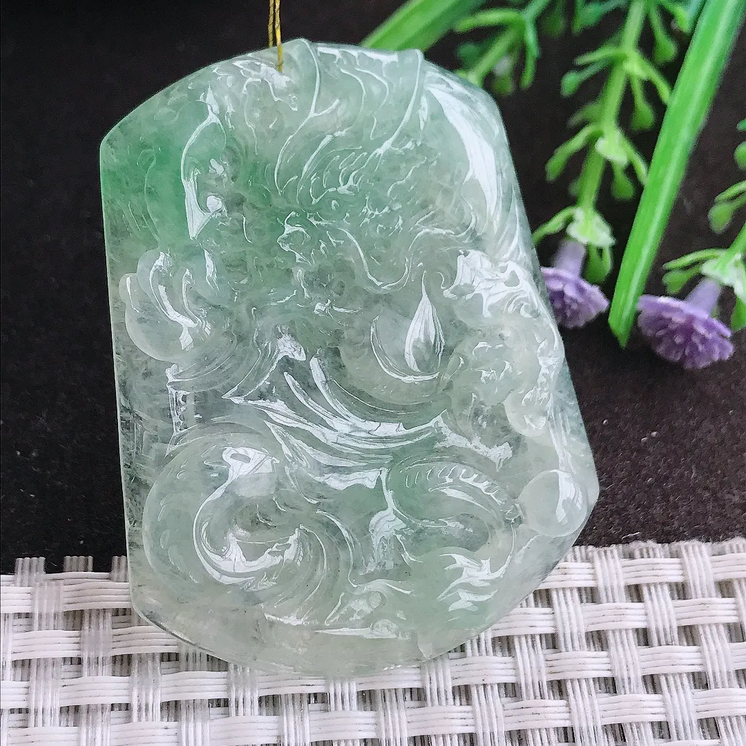 实拍A货翡翠53.7/42/5.5老坑冰透果冻胶冰晴龙牌吊坠翡翠挂件