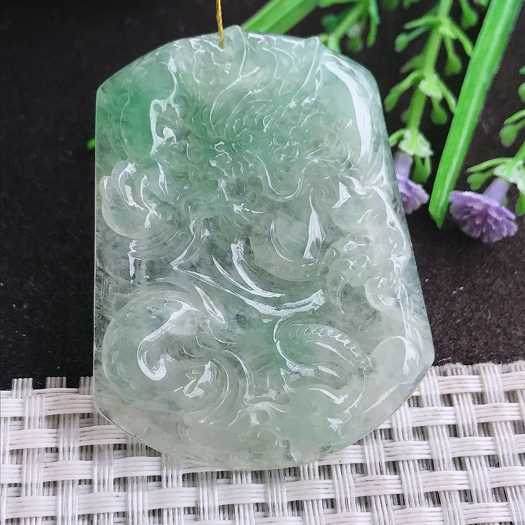 实拍A货翡翠53.7/42/5.5老坑冰透果冻胶冰晴龙牌吊坠翡翠挂件