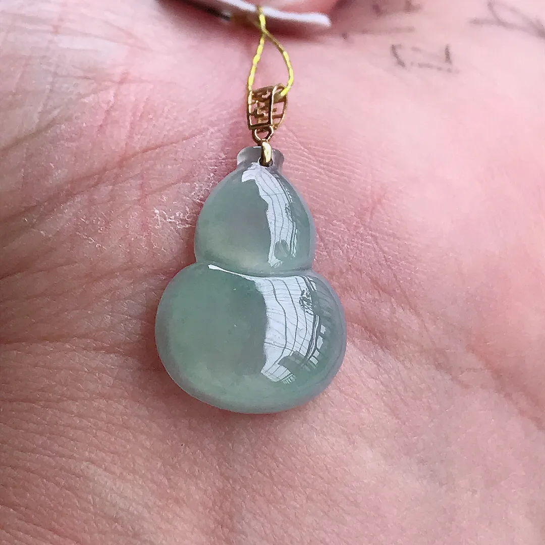 实拍A货翡翠21.2/15/4.8老坑18k金镶嵌冰种冰晴葫芦吊坠翡翠挂件