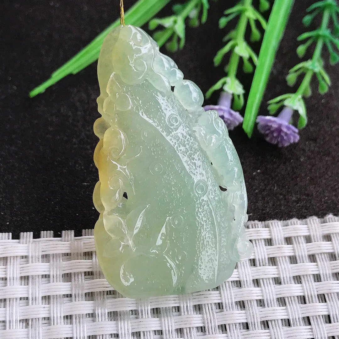 实拍A货翡翠52.2/30.3/6.2老坑冰胶水灵黄翡竹节吊坠翡翠挂件