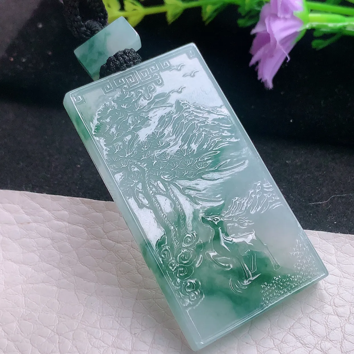 yl实拍56.5*31.2*5.6缅甸翡翠冰飘花方形山水牌 大好河山玉项坠 玉挂件