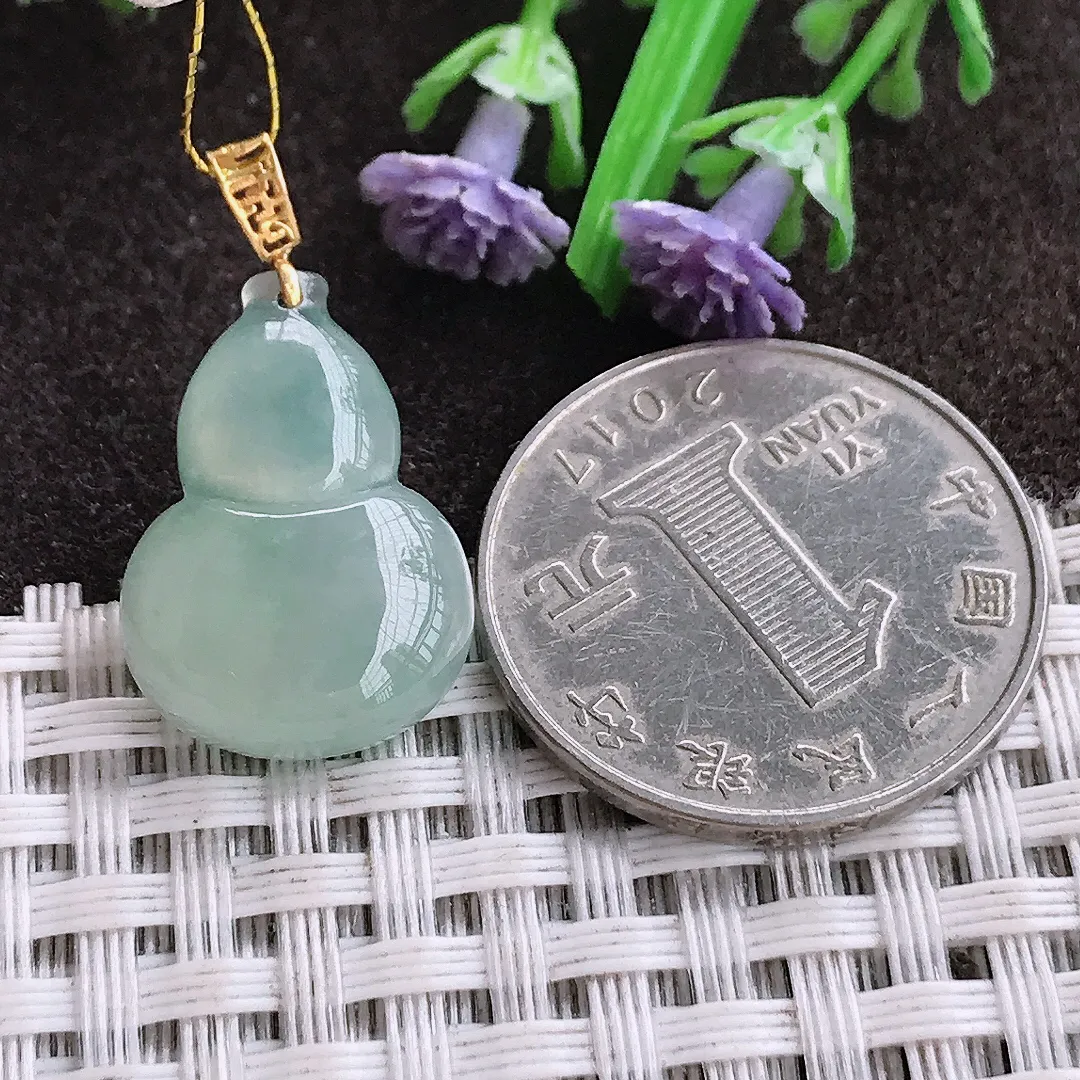 实拍A货翡翠21.2/15/4.8老坑18k金镶嵌冰种冰晴葫芦吊坠翡翠挂件