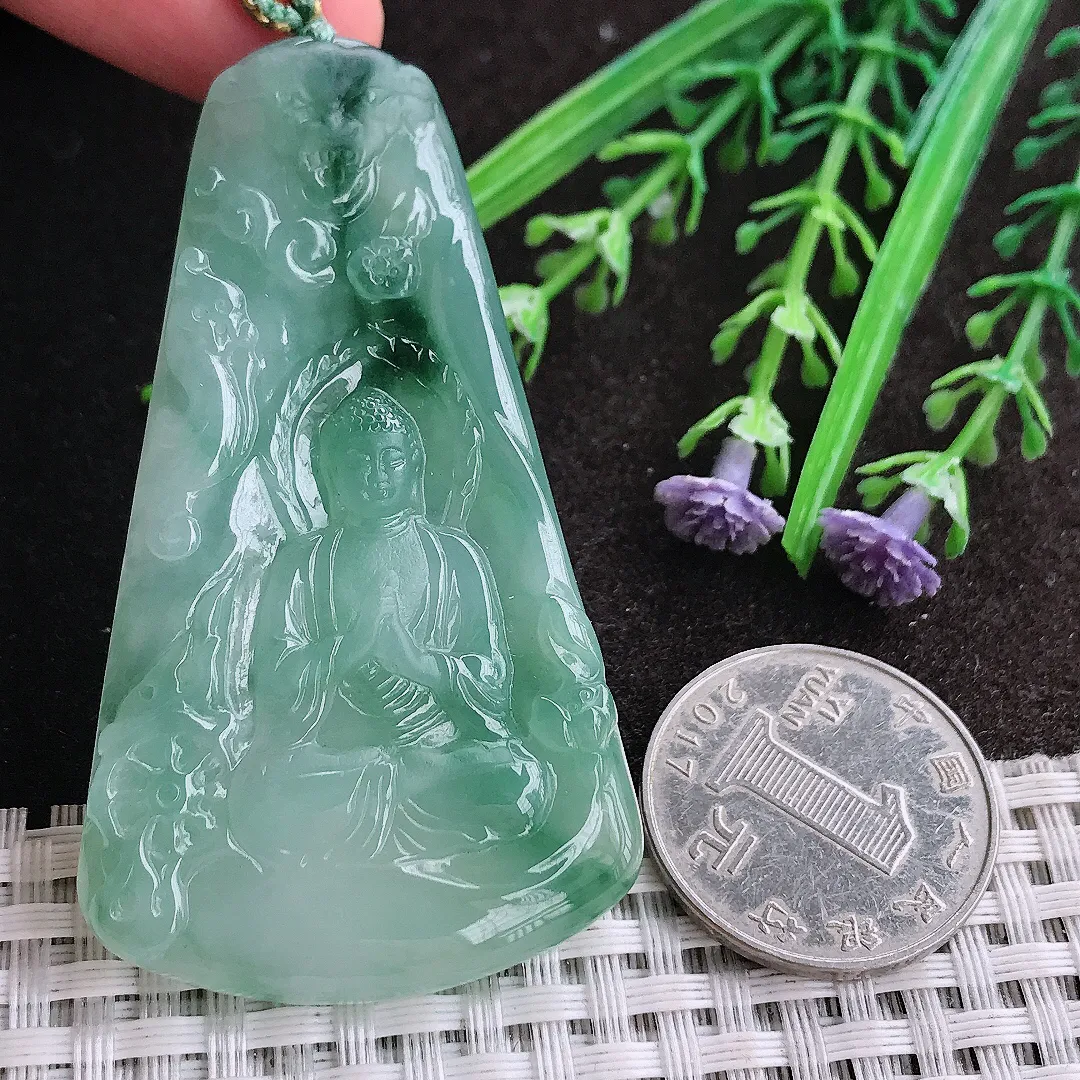 实拍A货翡翠64/36.6/5.6老坑冰胶水灵冰飘花大日如来佛祖吊坠翡翠挂件