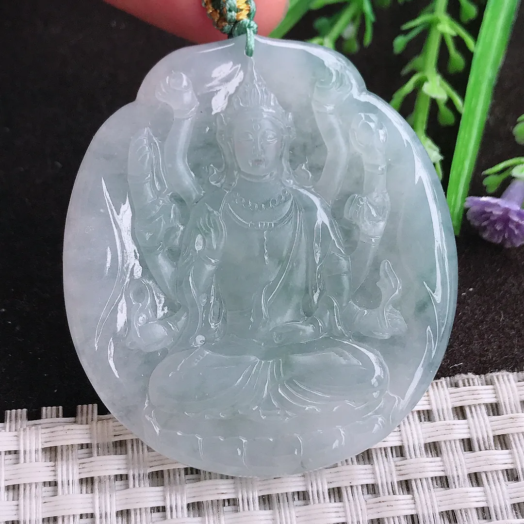 实拍A货翡翠51.2/46.5/5.3老坑冰胶果冻冰晴千手观音吊坠翡翠挂件