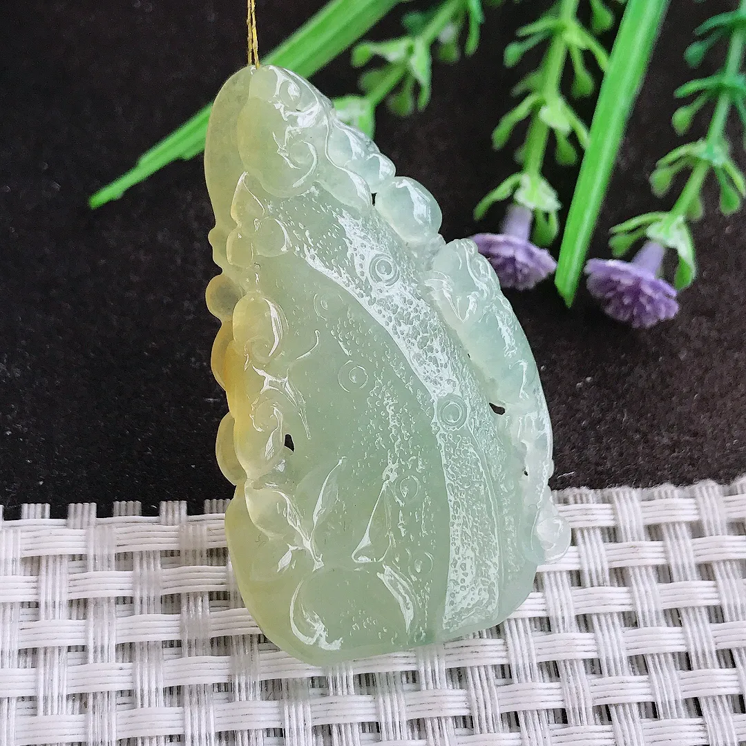 实拍A货翡翠52.2/30.3/6.2老坑冰胶水灵黄翡竹节吊坠翡翠挂件