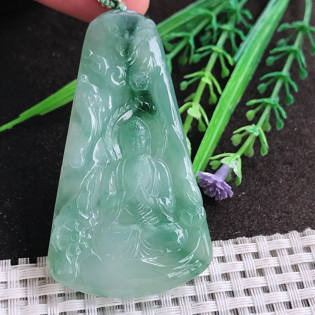 实拍A货翡翠64/36.6/5.6老坑冰胶水灵冰飘花大日如来佛祖吊坠翡翠挂件