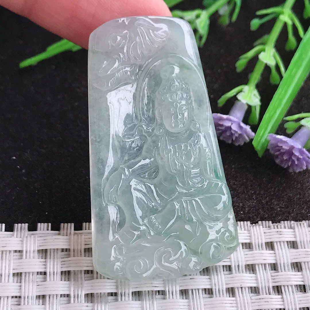 实拍A货翡翠46/26.3/5老坑冰胶水灵自在观音吊坠翡翠挂件