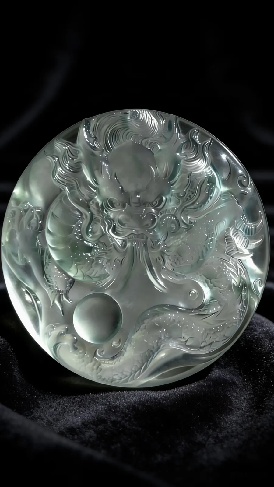 【神龙护主·盛世龙腾】，翡翠龙牌质地如冰。
清潭般，内似有云雾流转，浮雕神龙盘踞其中，气势磅礴，威武霸气，在光影的变幻下，龙身若隐若现。
作品52.5-52.5-6mm，32.58g，五位数