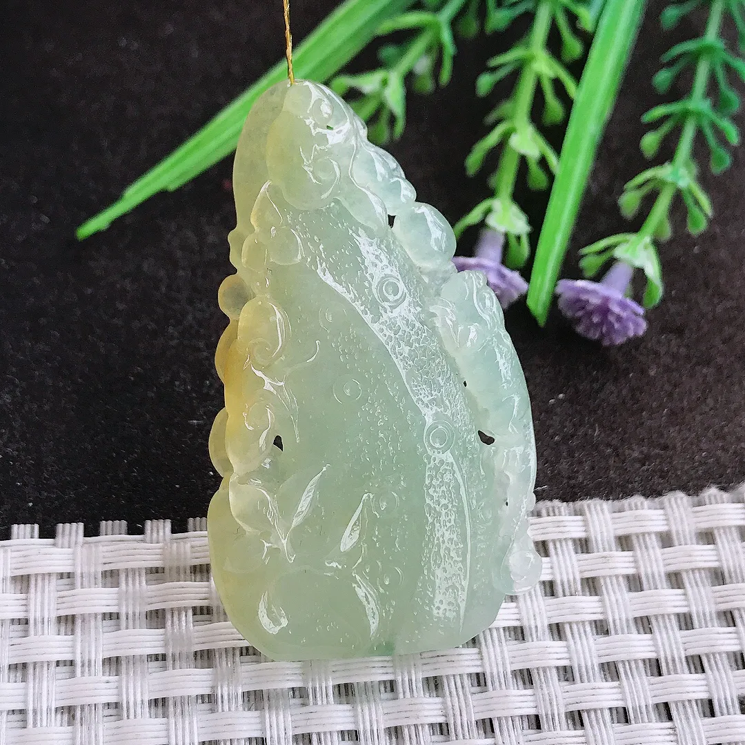 实拍A货翡翠52.2/30.3/6.2老坑冰胶水灵黄翡竹节吊坠翡翠挂件