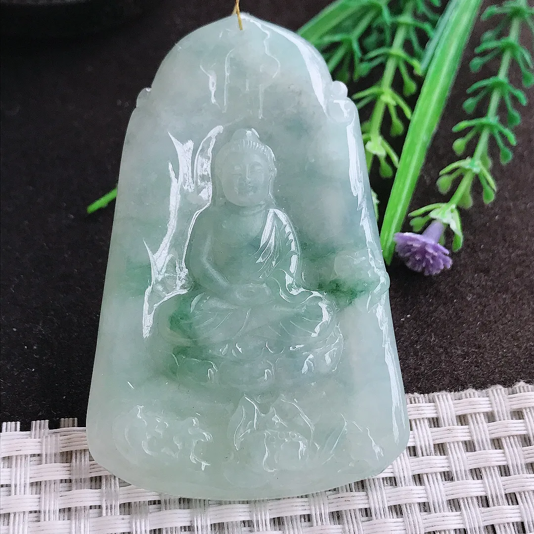 实拍A货翡翠69/44.5/6.6老坑冰润起胶飘花大日如来佛吊坠翡翠挂件