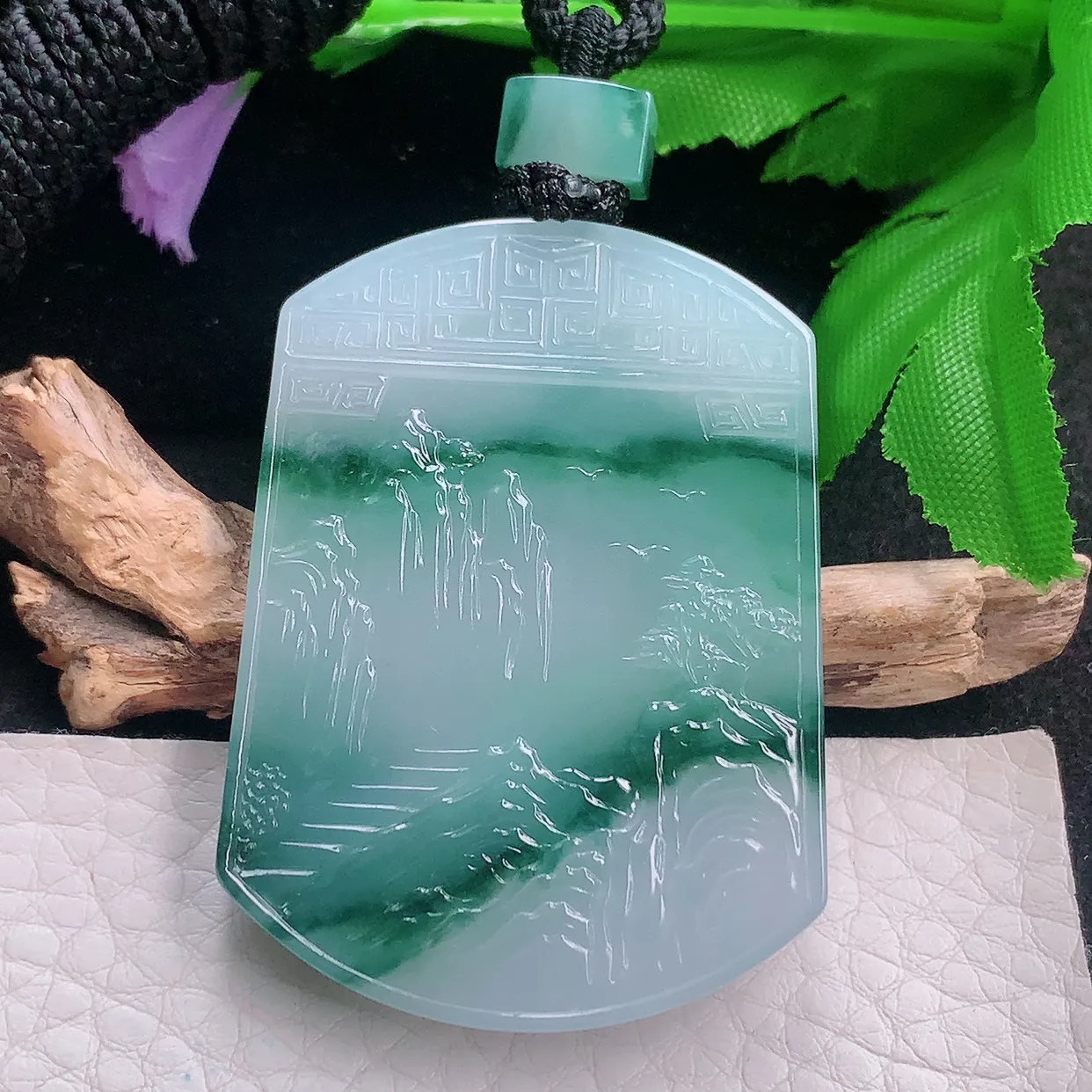 yl实拍51.5*27.8*5.8缅甸翡翠冰飘花山水牌 大好河山玉项坠 玉挂件