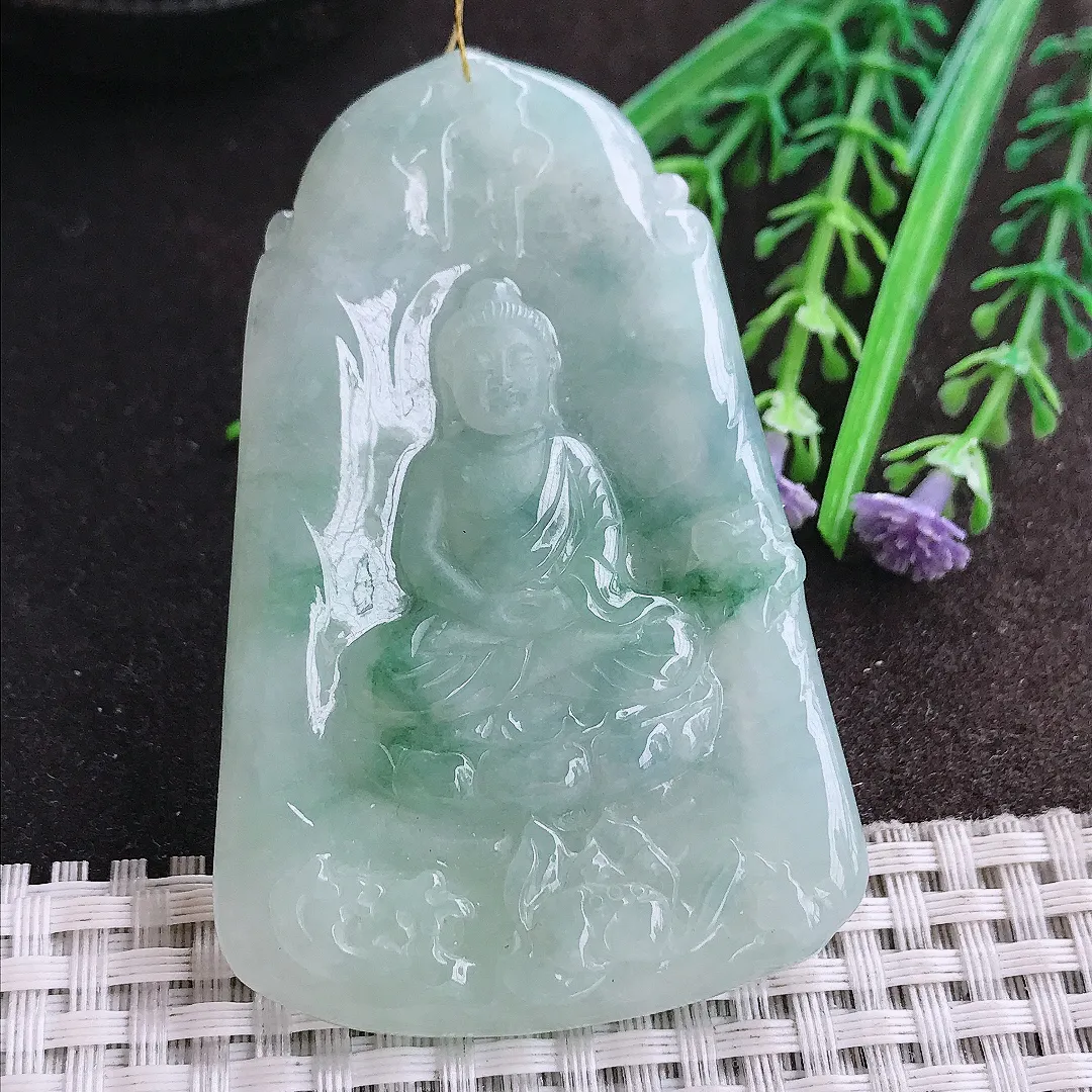 实拍A货翡翠69/44.5/6.6老坑冰润起胶飘花大日如来佛吊坠翡翠挂件