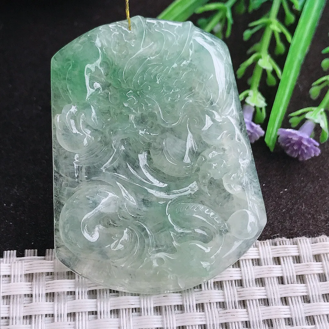 实拍A货翡翠53.7/42/5.5老坑冰透果冻胶冰晴龙牌吊坠翡翠挂件