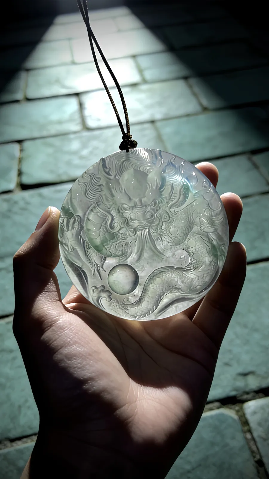 【神龙护主·盛世龙腾】，翡翠龙牌质地如冰。
清潭般，内似有云雾流转，浮雕神龙盘踞其中，气势磅礴，威武霸气，在光影的变幻下，龙身若隐若现。
作品52.5-52.5-6mm，32.58g，五位数