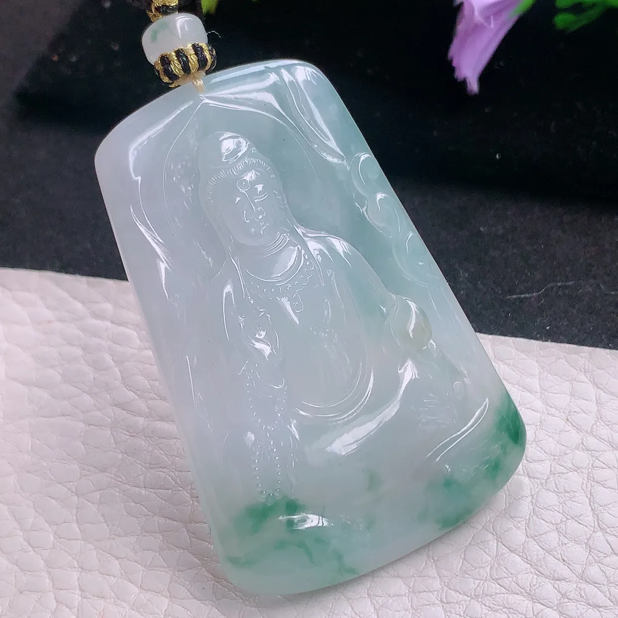 yl实拍60*39.6*5.5缅甸翡翠冰飘花素面观音 玉观音玉项坠 玉挂件