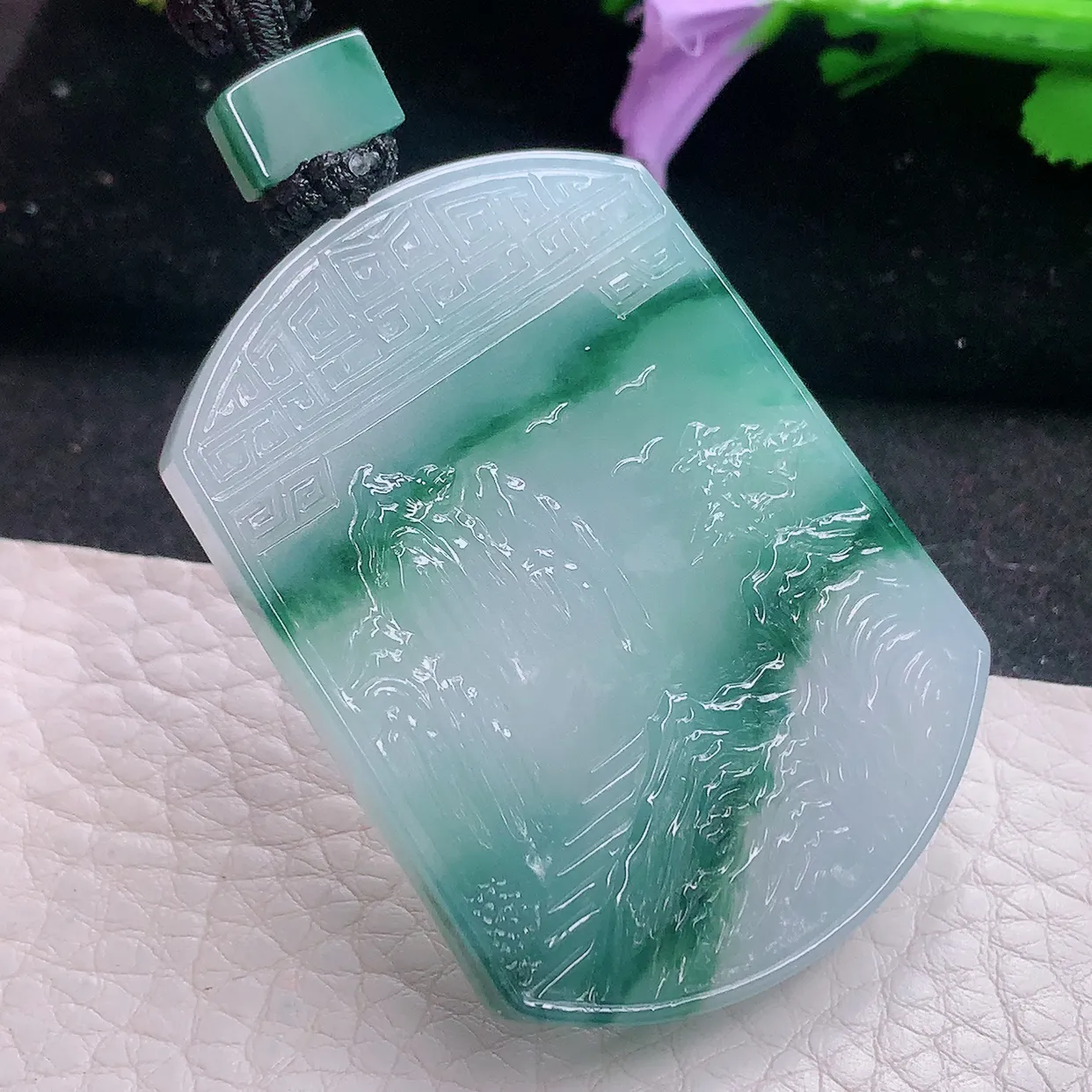 yl实拍51.5*27.8*5.8缅甸翡翠冰飘花山水牌 大好河山玉项坠 玉挂件