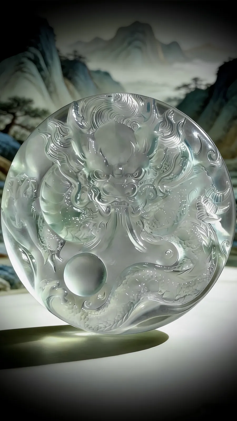 【神龙护主·盛世龙腾】，翡翠龙牌质地如冰。
清潭般，内似有云雾流转，浮雕神龙盘踞其中，气势磅礴，威武霸气，在光影的变幻下，龙身若隐若现。
作品52.5-52.5-6mm，32.58g，五位数