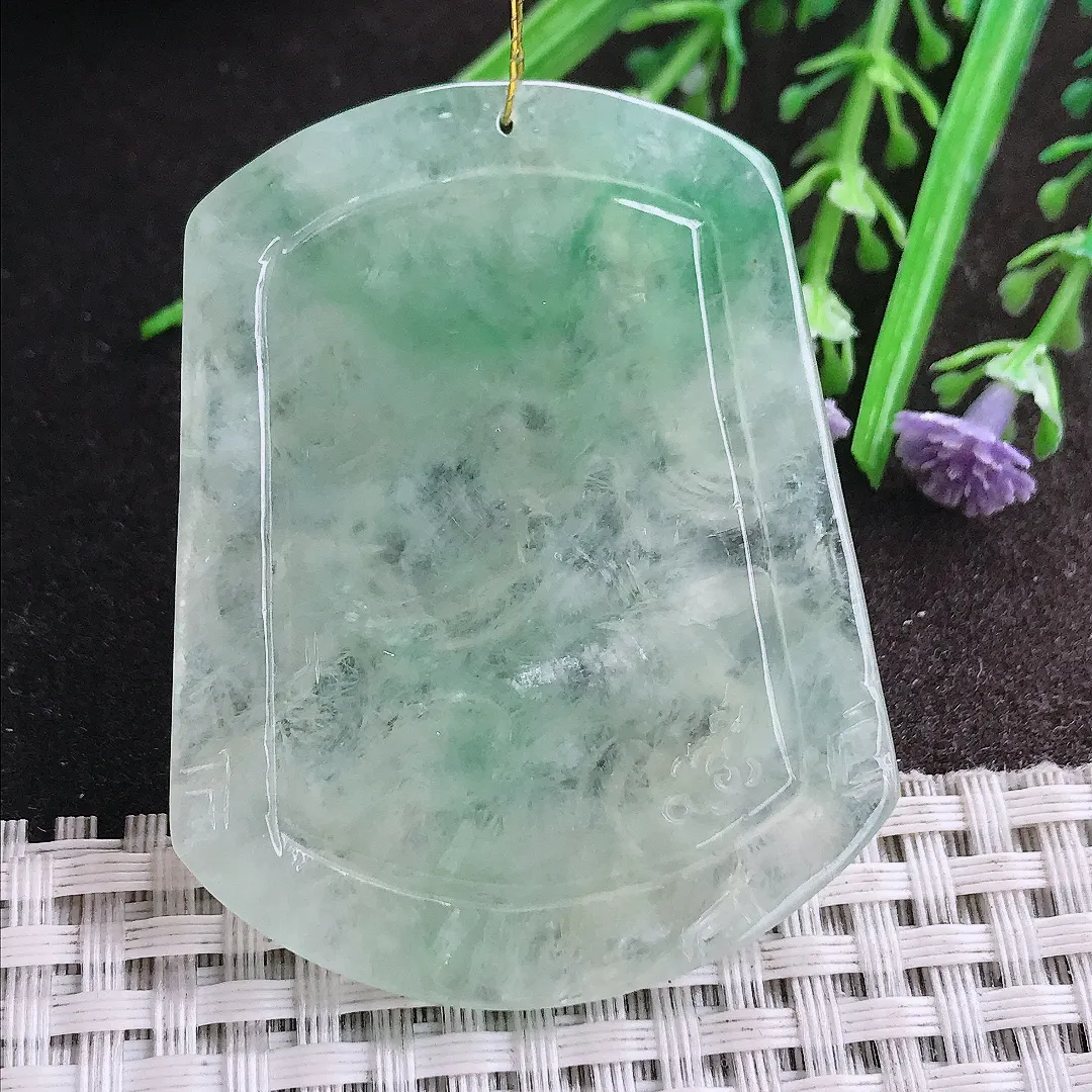 实拍A货翡翠53.7/42/5.5老坑冰透果冻胶冰晴龙牌吊坠翡翠挂件