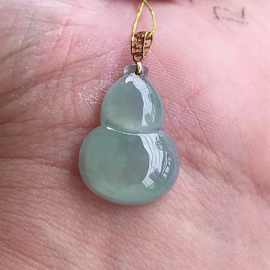 实拍A货翡翠21.2/15/4.8老坑18k金镶嵌冰种冰晴葫芦吊坠翡翠挂件