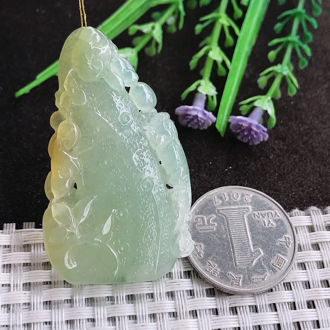 实拍A货翡翠52.2/30.3/6.2老坑冰胶水灵黄翡竹节吊坠翡翠挂件