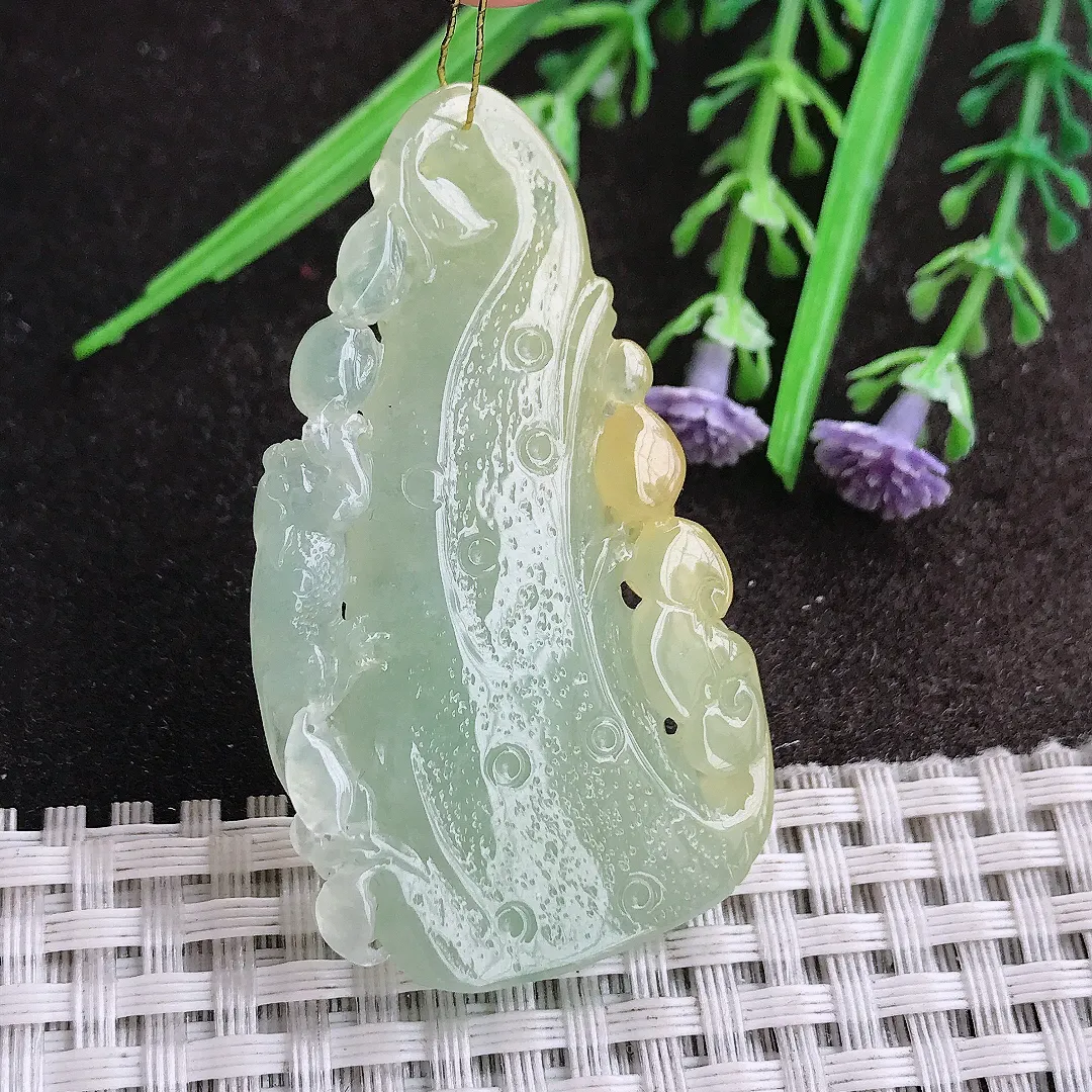 实拍A货翡翠52.2/30.3/6.2老坑冰胶水灵黄翡竹节吊坠翡翠挂件