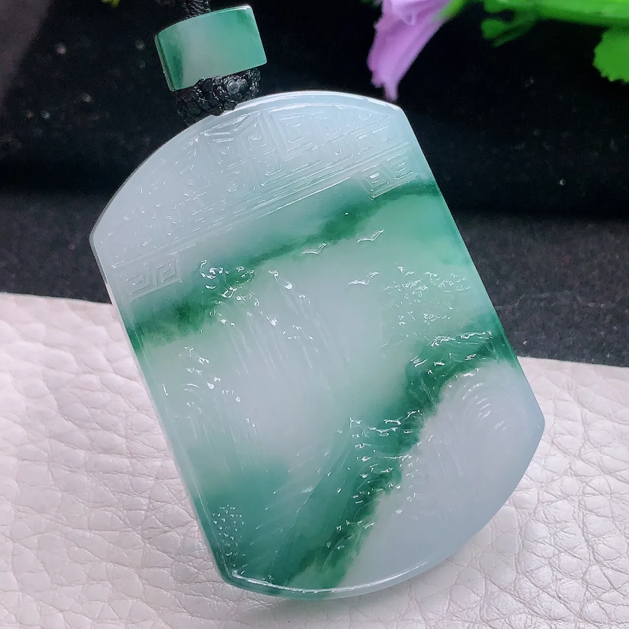 yl实拍51.5*27.8*5.8缅甸翡翠冰飘花山水牌 大好河山玉项坠 玉挂件