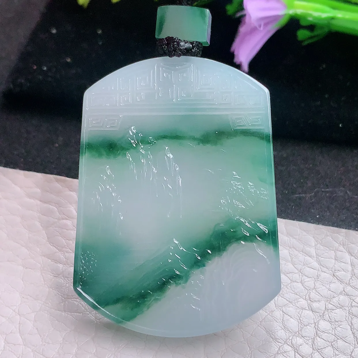 yl实拍51.5*27.8*5.8缅甸翡翠冰飘花山水牌 大好河山玉项坠 玉挂件