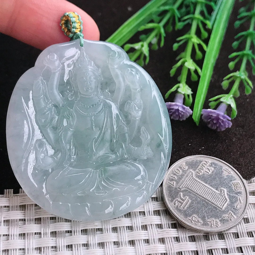 实拍A货翡翠51.2/46.5/5.3老坑冰胶果冻冰晴千手观音吊坠翡翠挂件