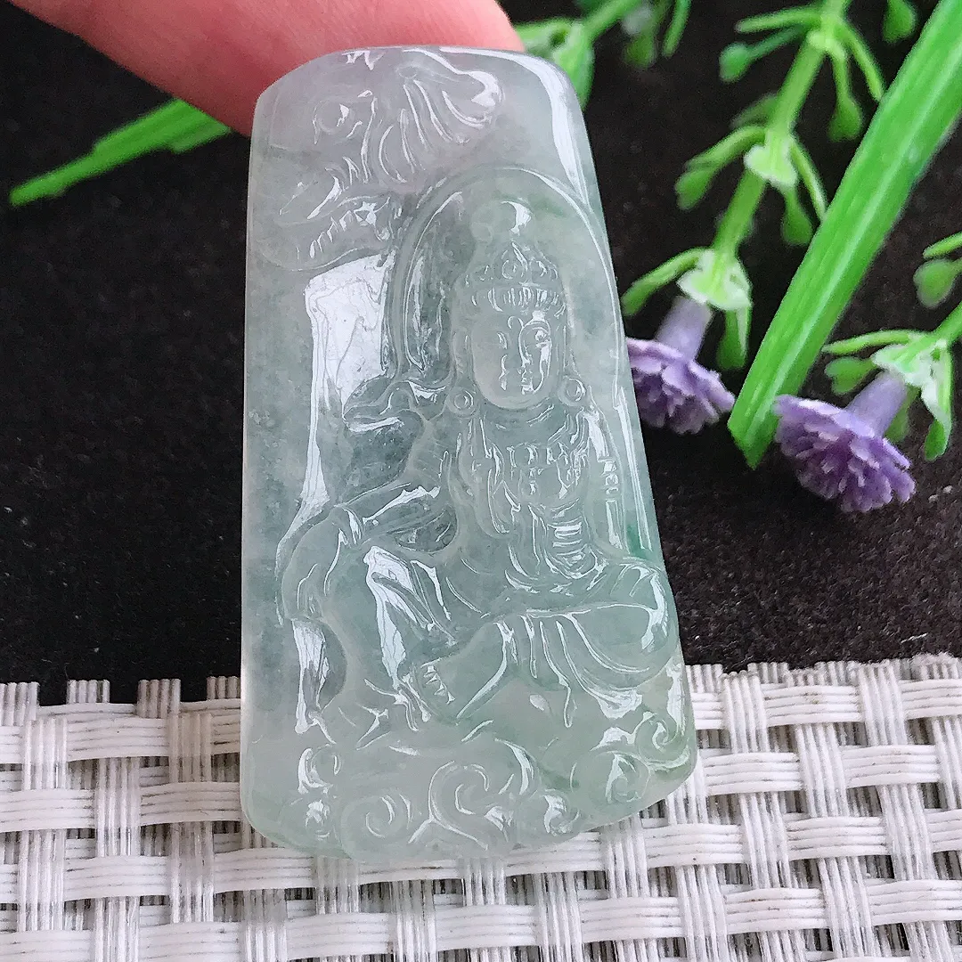 实拍A货翡翠46/26.3/5老坑冰胶水灵自在观音吊坠翡翠挂件